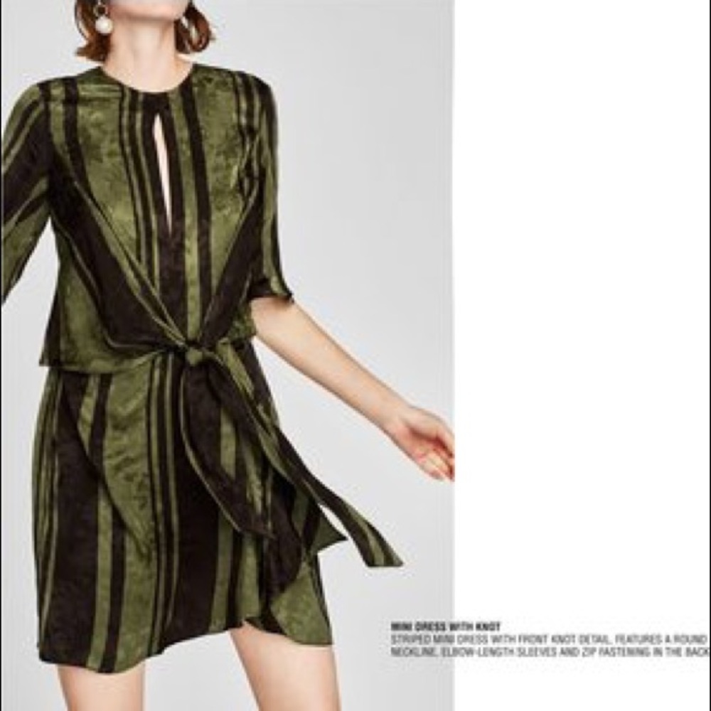 ZARA Green Floral Print Short Sleeve Tie MiniDress